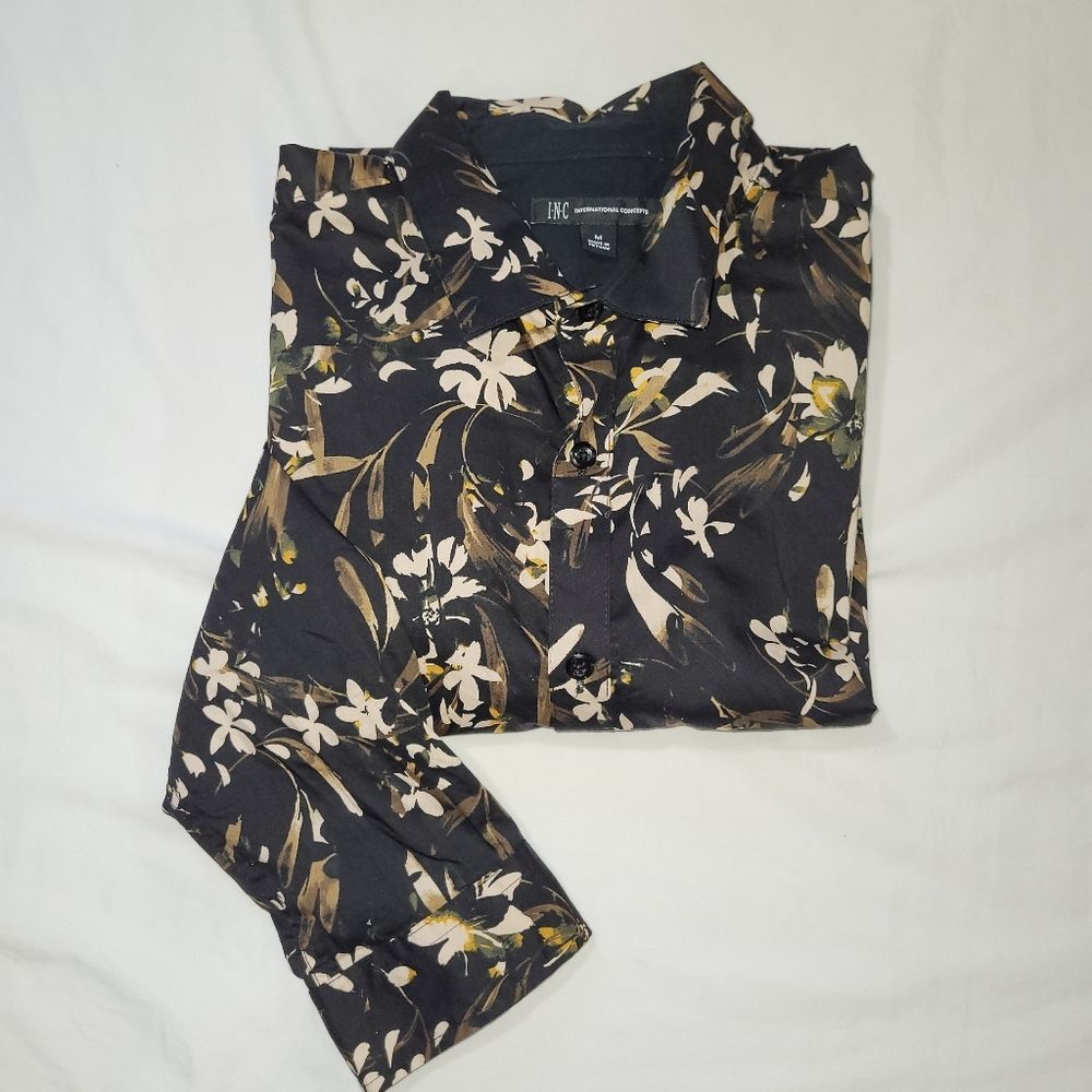 INC size Medium Floral Black and White Men's Button Up Long Sleeve Shirt